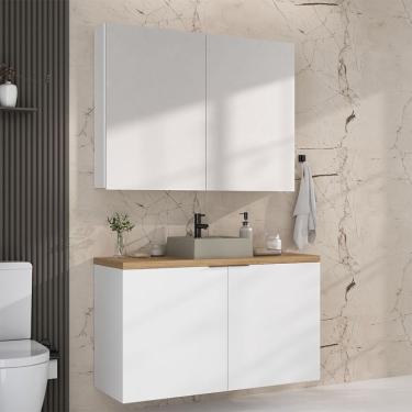 Imagem de Conjunto de Gabinete e Armário de Banheiro com Espelho Nature I 4 Portas Branco 110 cm