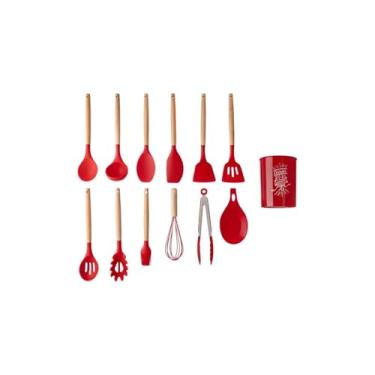 Imagem de Kit Utensílios de Cozinha 13 Peças, Silicone e Aço Inox com Cabo em Madeira, Preto, Inclui Colheres, Espátulas, Pegadores e Suporte, para Cozinha