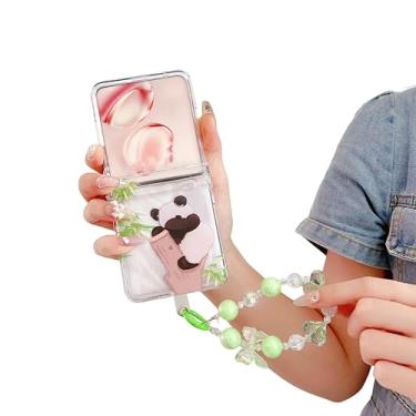 Imagem de SKPY Linda capa compatível com Motorola Razr 2025 com cordão de pérola, desenho animado engraçado padrão panda capa de proteção de dobradiça à prova de choque para Razr 2025 para mulheres e homens