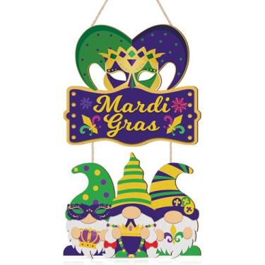 Imagem de LHIUEM Decorações de carnaval para decoração de madeira para porta da frente, conjunto de 2 (28 x 48 cm), máscara de coroa de gnomo verde coringa decoração de carnaval feliz carnaval elfo gnomo