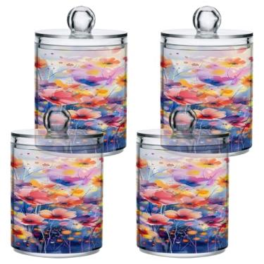 Imagem de ATTX Dispensador de suporte Qtip de pintura colorida em aquarela para bola de algodão, cotonete, frasco de boticário transparente, decoração de casa, pote de armazenamento de cozinha, pacote com 4