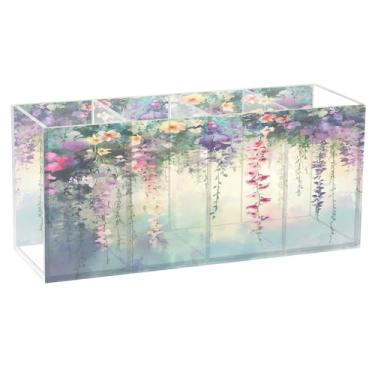Imagem de SEHANY Porta-canetas de acrílico com flores silvestres coloridas, 4 compartimentos, porta-lápis transparente, organizador de pincéis de maquiagem, organizador de papelaria para escritório, casa