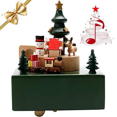 Imagem de MENGDUO Caixa de música, boneco de neve, alce, caixa de música, artesanato de madeira, mini trem gira com música, presentes de brinquedo exclusivos para o Natal (verde)