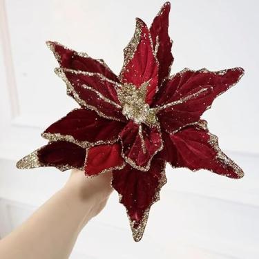 Imagem de Flores de Natal artificiais com glitter grande, enfeites para pendurar em árvore de Natal, acessórios de guirlanda DIY (champanhe)