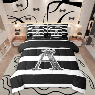 Imagem de Erosebridal Jogo de cama casal com laço preto, monograma e letra A, conjunto de lençol com laço com glitter, para decoração de quarto de crianças, adultos, mulheres, monograma, listras, cama em uma