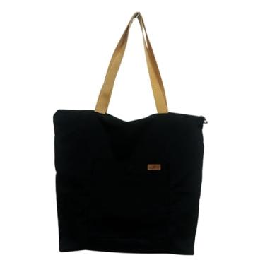 Imagem de Bolsa Tote Bag tecido semi impermeável, com zíper, bolsos, faculdade, trabalho, passeio, feminino, unissex. (Preta/Alça caramelo)
