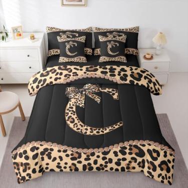 Imagem de Conjunto de edredom solteiro com estampa de leopardo com letra C | Conjunto de cama de 7 peças com laço de guepardo Coquete, moderno, moderno, moderno, em uma bolsa, conjunto de colcha de cama com