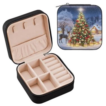 Imagem de Wassud Caixa de joias de viagem de árvore de Natal com veado para mulheres, meninas, senhoras, noiva, mini organizador de joias, de couro PU, caixa quadrada de armazenamento de joias para brincos