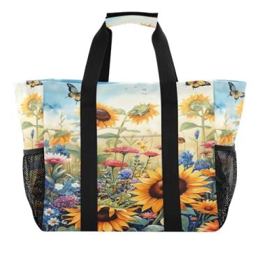 Imagem de Wassud Sacolas de mercearia reutilizáveis de girassóis vibrantes grande bolsa organizadora de lona impermeável para praia, piquenique, lavanderia, viagem