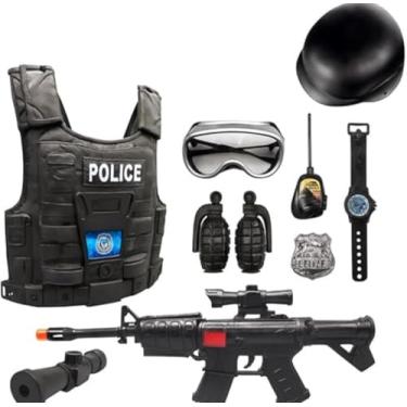 Imagem de Kit Policial Infantil Completo com Colete, Rifle, Granada, Bússola, Rádio Comunicador, Relógio e Munições, Brinquedo de Faz de Conta