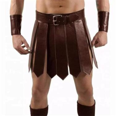 Imagem de Saia de couro gladiador masculina com cinto, saia de batalha romana preta fantasia cosplay (marrom, tamanho único)