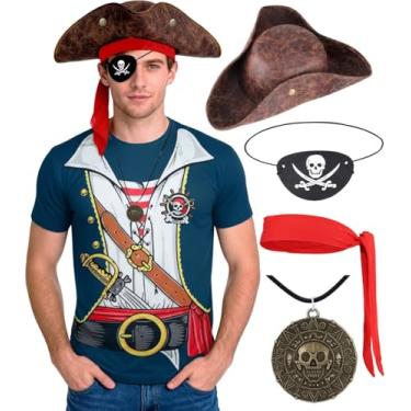 Imagem de VillbeCoser Fantasia de pirata masculina anime capitão camisa chapéu piratas colar cabeça cachecol tapa-olhos cosplay festa, Azul-escuro, XXG