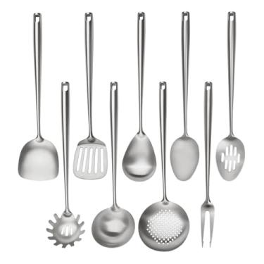 Imagem de Conjunto de utensílios de cozinha de aço inoxidável 18/10, conjunto profissional de 9 peças de utensílios de cozinha de metal com espátula wok, concha de sopa, escumadeira, espátula com fenda, colher