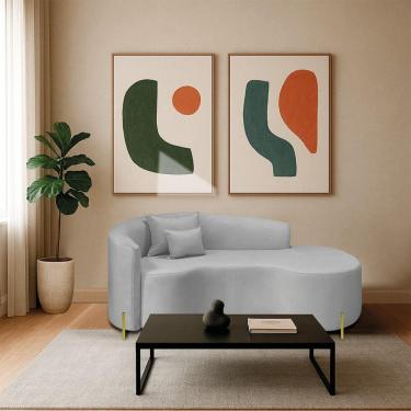 Imagem de Divã Recamier Curvo Sala De Estar Recepção Inglaterra 180cm Pés Metal Dourado Lado Direito Linho Cinza Claro