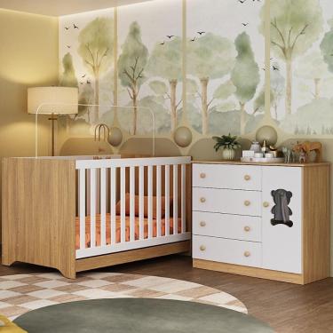 Imagem de Berço Americano 3 Em 1 Com Cômoda 1 Porta 4 Gavetas Teddy Multimóveis MP4723 Madeirado-branco