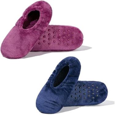 Imagem de GLENMEARL 2 pares de meias femininas com aderência antiderrapante sola macia chinelos quentes de inverno, Roxo + azul marinho, 7.5-9.5