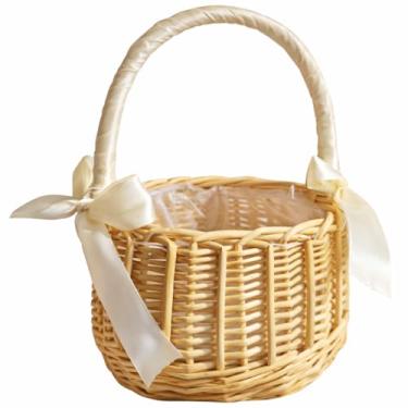 Imagem de Cesta de flores de vime rústica, cesta de tecido com alça envolta em fita, cesta de princesa elegante, cesta de vime para casamentos, decoração de casa, festa de chuveiro, piquenique, 24 x 20 cm