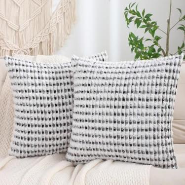 Imagem de LUOYEHK Boho Capas de almofada 45,7 x 45,7 cm, conjunto de 2 fronhas com tufos de chenille, capas de almofada neutra para sofá, cama, sala de estar, preto e cinza