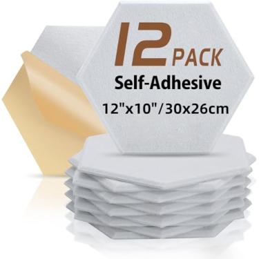 Imagem de HERTBER Pacote com 12 painéis acústicos hexagonais painéis de parede à prova de som, 30.5 cm x 25.4 cm x 0,88 cm painéis absorventes de som de poliéster de alta densidade com autoadesivo para casa