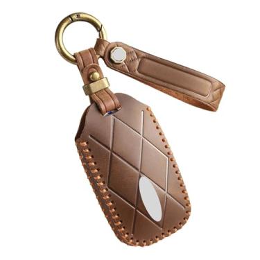 Imagem de Capa de chave fob compatível com genesis rohens couro genuíno gv60 gv90 chaves de carro capa protetora completa 6/7/8 botões(Brown 5 Buttons)