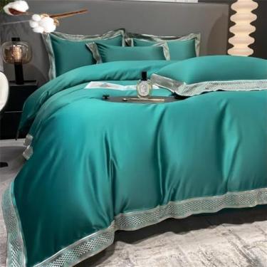 Imagem de Conjunto de cama simples em algodão branco com bordado, incluindo capa de edredom de casal, lençóis e fronhas, na cor verde, com lençol de baixo de 1,8 MB.