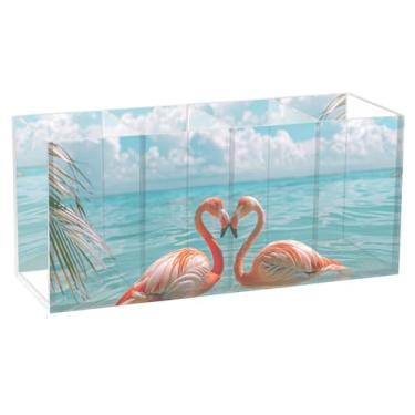 Imagem de TSENQUE Lindo porta-lápis de mesa, flamingos, oceano, praia, acrílico, maquiagem, pincel, suporte artístico, personalizado, decoração de escritório
