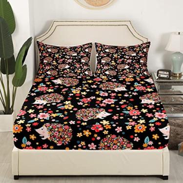 Imagem de Jogo de lençol casal casal de ouriços, flores em aquarela, plantas, decoração de quarto de meninas e adultos, lençol com elástico colorido e brilhante, 2 fronhas