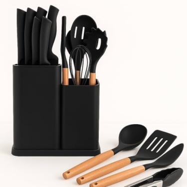 Imagem de Kit de Utensílios de Cozinha premium | 19 Peças: Espatulas, Facas, Tábua | Bambu + Silicone (Preta,Oval)