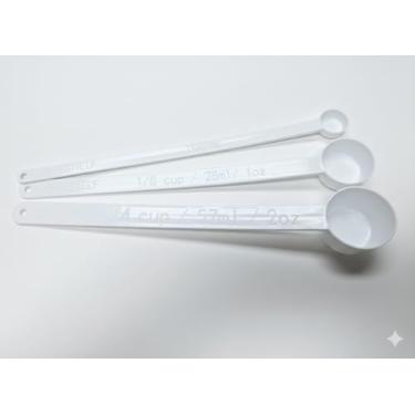 Imagem de Conjunto de colheres de plástico de medição de 30,5 cm. 1 colher de chá/1,8 xícara/1/4 xícara - 5 ml 28 ml 57 ml - 28 ml - 28 ml - 28,3 g 56,7 g para chá preciso | fermento | café | açúcar | proteína