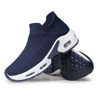 Imagem de YHOON Tênis feminino de caminhada – Meia tênis de malha sem cadarço com almofada de ar, sapatos atléticos para trabalho e enfermeiras confortáveis, Azul-marinho 007, 37
