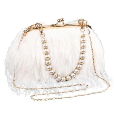 Imagem de FeelfunFeather Bolsas de mão femininas, bolsas femininas de penas fofas para festa de casamento, banquete, formatura, bolsa transversal, Branco