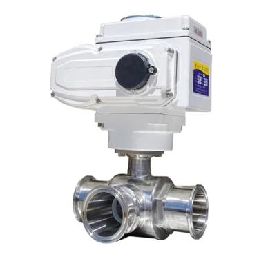 Imagem de HTNAFONI Válvula esférica motorizada de plataforma de 3 vias de 76 mm de aço inoxidável Q911F-16P Válvula de esfera elétrica tipo virola sanitária Tri Clamp 1 peça (Cor: T TYPE_220VAC)
