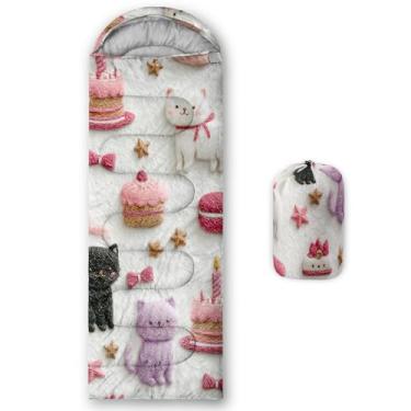 Imagem de QOOMO Bolo de gato fofo à prova d'água sacos de dormir para adultos e crianças, sacos de dormir impressos para acampamento, clima quente e frio, leve, viagem e ao ar livre, equipamentos de acampamento