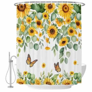 Imagem de Cortina de chuveiro de girassol borboleta fazenda floral folhas verdes conjunto de cortinas de banho tecido impermeável para banheiro decoração de banheira acessórios de casa 182 x 182 cm