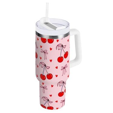 Imagem de SEHANY Copo de cereja fofo de 1,134 g com alça, copo isolado de aço inoxidável de parede dupla, à prova de vazamento, caneca de café isolada para viagem, cabe no suporte de copo de carro