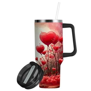 Imagem de ATTX Copo de corações vermelhos de 850 g com alça, copo de aço inoxidável a vácuo de parede dupla com palha, caneca de café de viagem isolada #27