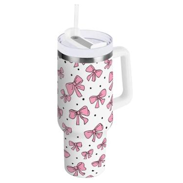 Imagem de SEHANY Copo fofo com laço rosa de 1,134 g com alça, copo isolado de aço inoxidável a vácuo de parede dupla, à prova de vazamento, caneca de café isolada para viagem cabe no suporte de copo de carro