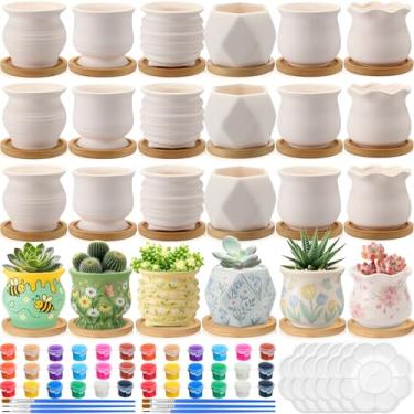 Imagem de Leitee Kit de artesanato de 30 peças para pintar seu próprio vaso de cerâmica, inclui pequenos vasos de suculentas prontos para pintar a granel com orifício de drenagem, conjunto de 6 mini vasos de