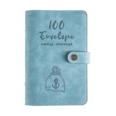 Imagem de 100 envelopes Desafio de economia de dinheiro Fichário de orçamento Capa de couro PU com envelope de dinheiro Zíper de bolso em PVC/cartões de orçamento/adesivos de etiqueta (Azul)