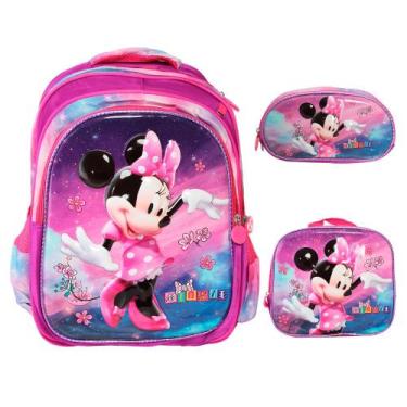 Imagem de Kit Mochila Infantil Menina Alça Costas Lancheira Térmica 3D - Plike