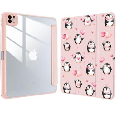 Imagem de Capa para iPad de 11 polegadas (A16) 11ª 2025/10,9 polegadas 10ª geração 2022 com suporte para lápis, rosa pinguim feminino coração rosa couro transparente capa protetora traseira acrílica, despertar