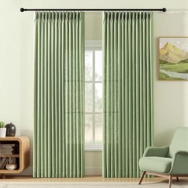 Imagem de Cortinas plissadas verde-sálvia de 203 cm para sala de estar, cortina semitransparente de privacidade com ganchos plissados, moderna mistura de linho, cortina traseira treinada com memória, para