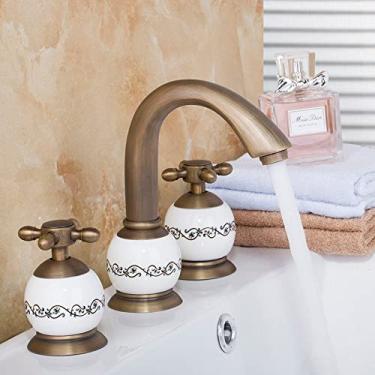 Imagem de 3 peças misturador de banheiro pia pia torneira de água torneiras de banho bronze antigo cerâmica dourada e deck montado em mármore