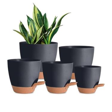 Imagem de 5 PCS contendo de tamanho diferente com orifícios de revestimento Pires, moderno vaso de auto-irrigação para plantas internas ao ar livre para escritório jardim equipamento (Preto)