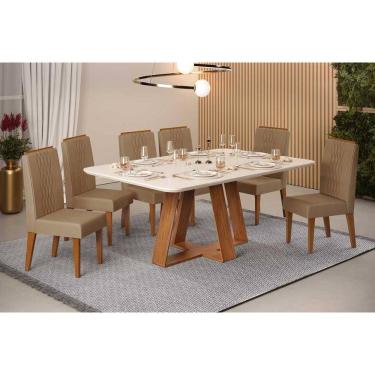 Imagem de Conjunto: Mesa de Cozinha Celeste c/ Tampo Madeirado c/ Vidro Curvo 160x90cm e 6 Cadeiras Lia Freijo/Off White - Linho Bege - DJ Móveis