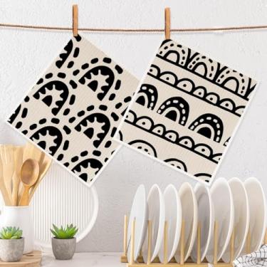 Imagem de 2 peças de panos de prato suecos com padrão de rabisco de marfim preto para cozinha, toalhas de cozinha de papel reutilizáveis super absorventes decoração artística para casa, panos de prato seguros