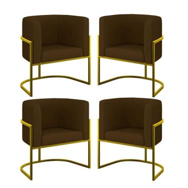 Imagem de Kit 04 Poltronas Lua Sala Decorativa Base Ferro Gold Corino Marrom