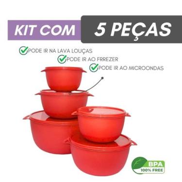 Imagem de Kit 5 Potes Plastico Redondos Bowl Livre Bpa Cor:VERMELHO - Casa Bella