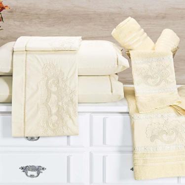 Imagem de Jogo De Cama Casal Queen Topázio Bordado 04 Peças Percal 200 Fios 100% Algodão - Marfim