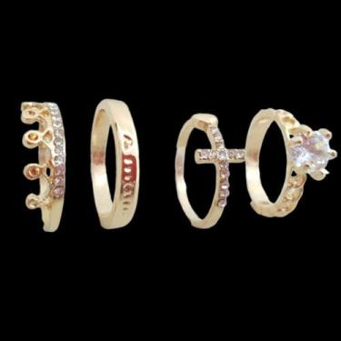 Imagem de Conjunto 4 Aneis Tipo Pandora Fino Elegante Coração Dourado, 20, Doura